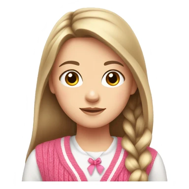 white girl, cardigan white, long straight brown hair, pink ribbon in cardigan  sticker