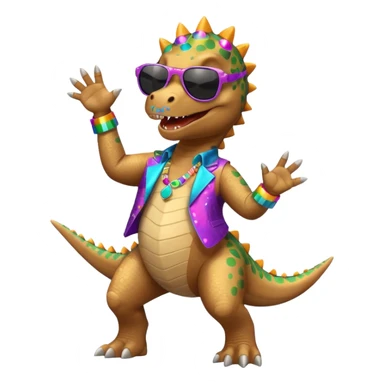 Un dinosaurio bailando con outfit disco y gafas oscurass. sticker