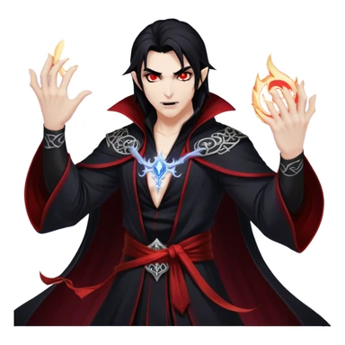 Cinematic Realistic WoW Vampire Mage Portrait, captured in a dynamic, battle-ready pose as he unleashes a torrent of arcane energy. His pallid skin and sleek dark hair contrast sharply with the flowing black robe adorned in silver filigree and glowing runes, while his crimson eyes radiate unyielding power. Rendered with intense, lifelike texture and dynamic, eerie lighting, high shine, embodying the fierce, relentless spirit of a dark sorcerer. sticker