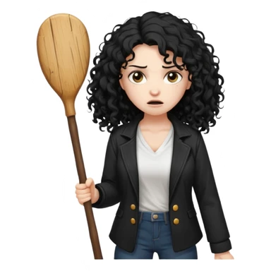 Hey, please generate me an emoji that depicts a woman white skin long black curly disheveled hair slightly thicker, she is wearing a white T-shirt and a black unbuttoned jacket she is furious she is holding a large wodden STICK  sticker