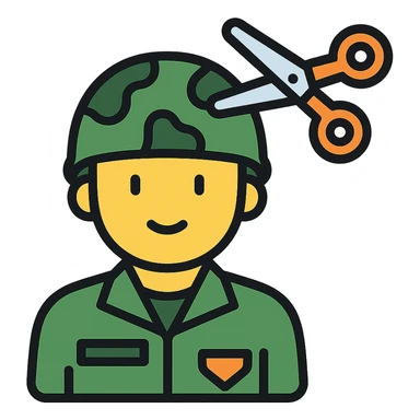 a soldier man getting a haircut, color outline icon style sticker