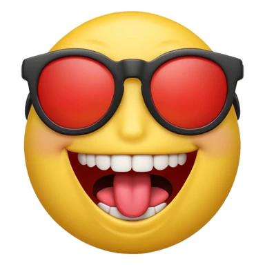 3D emoji character with bright yellow face, wide open smile showing white teeth and red tongue, raised brown eyebrows, and black sunglasses, rendered in a playful and glossy style on transparent background sticker