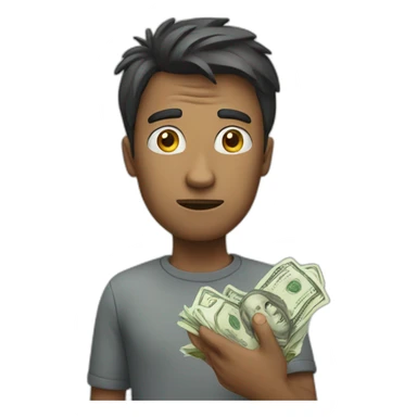 Confused customer holding money  sticker