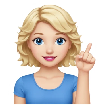 Girl Blonde short wavy hair,  blue eyes, cute blue top, long lashes, pink lips, smiling, 👊🏻 sticker