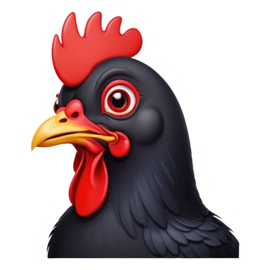 Cinematic Comical Black Chicken Portrait Emoji, Head tilted dramatically with an exaggeratedly amused expression, featuring a sleek, glossy black plumage with a bold red comb, wide, expressive beady eyes filled with playful disbelief, Simplified yet hilariously expressive features, highly detailed, glowing with a slightly sassy glow, high shine, dramatic yet playful, stylized with an air of cheeky mischief, bright and endearing, soft glowing outline, capturing the essence of a spirited and over-the-top chicken, so meme-worthy it feels like it could cluck its way into internet fame instantly! sticker
