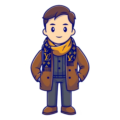 elegant man wearing Louis Vuitton coat and scarf with the iconic LV monogram sticker