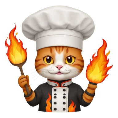 black chef cat wearing a tall white chef hat, burning hat sticker