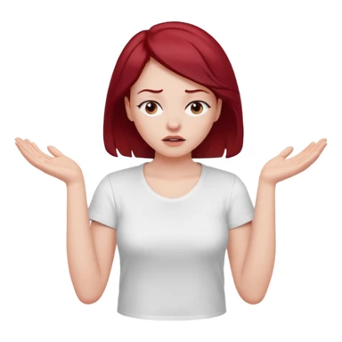 younger woman shrugging, eyes closed, white t-shirt, dark red hair sticker