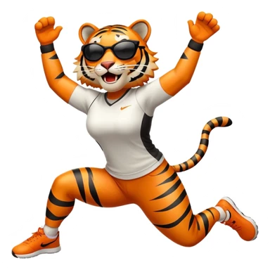 female energetic anthropomorphised tiger in sports clothes, wearing dark sunglasses, jumping with excitement, arms raised sticker