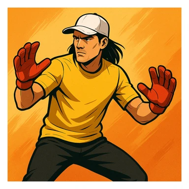 ilustración de un portero con ropa amarilla, gorra blanca, pelo largo negro, pantalón negro, guantes rojos y cara seria, estilo deportivo moderno sticker