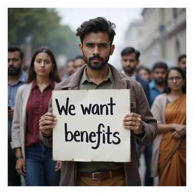 group of indian modern customers holding a board written "We want benefits"with a serious face sticker