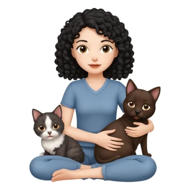 Moça branca com cabelo cacheado preto. Com um gato e um cachorro no colo sticker