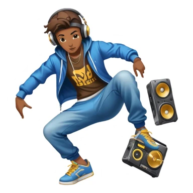 Icon for Street Dance: a dancer in urban streetwear performing a dynamic lower breakdance move, with a spray-painted background, headphones, and a boombox on the asphalt. The icon should capture the energy, style, and creativity of street dance culture. Transparent background. sticker