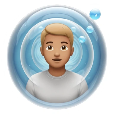 A man in simple casual clothes inside a transparent echo chamber bubble. Sound waves inside the bubble reflect back to him, showing only repeated versions of his own beliefs. Outside voices and symbols are muted or faded. Emoji-style render, soft lighting sticker