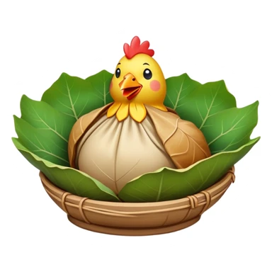 Beggar's Chicken wrapped in lotus leaf and clay, simplified emoji style with bold outlines and bright colors, cartoon style traditional Hangzhou dish before cracking sticker