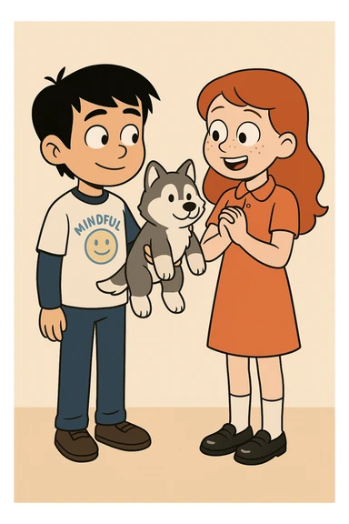 A boy Mindful Blue Original Long Sleeve T blue jeans brown shoe Chinese boy black hair Ringer T White Navy red trousers black shoe Siberian Girl red hair Orange Pro polo dress with socks black loafer a shoe Husky plushie  sticker