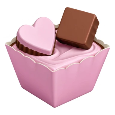 Two square milk chocolate , Each praline is a sharp-edged cube with smooth glossy chocolate coating, placed in a small white fluted paper candy cup. On top of each cube is a flat pastel pink heart-shaped icing sticker