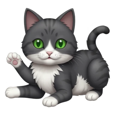 solid dark grey cat with green eyes, white toes/paws and white patch on her chest playfully rolling upside down sticker