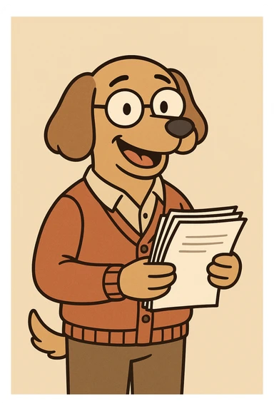 dog as a teacher, holding a stack of papers, wearing a cardigan and spectacles, cheerful and academic, cartoon style, colorful and friendly sticker