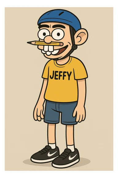 cartoonish 20-year-old boy, blue helmet, pencil on nose, bunny teeth, yellow shirt with 'JEFFY' text, black Nike shoes, black eyebrows, fun and quirky look sticker