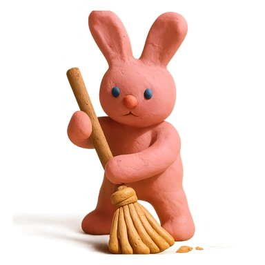rosy bunny sweeping floor with broom, claymation style sticker