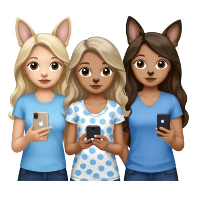 Three women in summer clothes holding iPhone, hazel eyed light skin with dark blonde long hair and Brown eyed,light skin black long wavy hair, blue eyed light skin long blonde hair that have 2 dogs, blue spotted Merle Frenchie, black and tan chihuahua  sticker