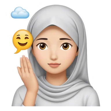 a white young asian Muslim woman are thinking something. Her eyes rolling to up right. Her hand touching face. There's emoji cloud to describe what she thinking about. sticker