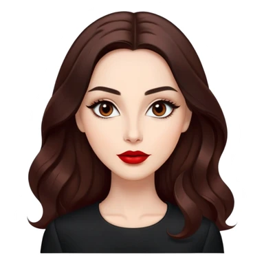Professional actress with radiant fair skin, elongated face, large dark almond eyes with elegant makeup, defined eyebrows, full red lips, long dark straight hair with soft waves, wearing sophisticated black outfit, confident but approachable expression sticker