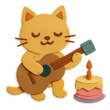 cat playing guitar next to a cake, paper-craft style sticker