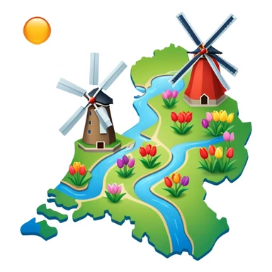 Map of the Netherlands showing canals, tulips, and windmills sticker