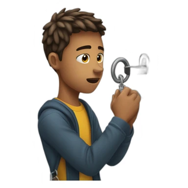 young man struggling to get a key into a lock sticker