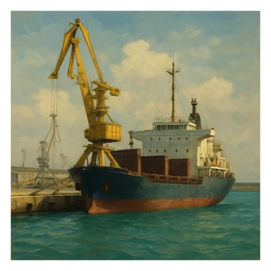 фотография современного торгового порта на берегу моря. На переднем плане — большой грузовой корабль у причала, рядом высокий портовый кран жёлтого цвета. Вода бирюзовая, слегка волнистая, на фоне виден бетонный волнорез и небо с мягкими облаками. Композиция сбалансирована: корабль справа, кран слева. Освещение дневное, естественное, с мягкими тенями. Атмосфера индустриальная, но спокойная, без людей. В СТИЛЕ РЕАЛИСТИЧНОЙ ЖИВОПИСИ на однородном фоне sticker