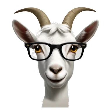 a goat with glasses superimposed on its face. The goat's expression is straight and the glasses give it a human-like appearance. sticker