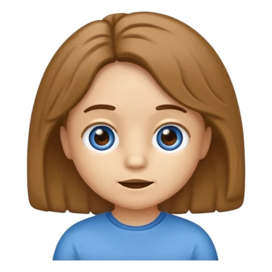 emoji estilo iOS de bebê com cabelo castanho, olhos claros, expressão neutra, usando macacão azul, fundo simples sticker