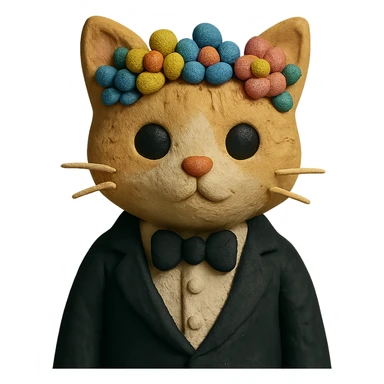 A kitten dressed in a tuxedo and wearing a flower crown sticker