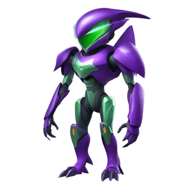 a shiny purple-green-red Genesect-Raptor-Fakémon—hybrid with a futuristic visor-helmet full body sticker