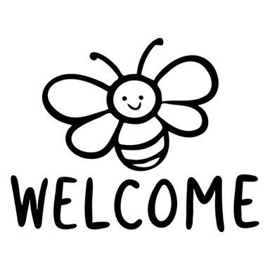 Welcome sign with honeybee, black and yellow colors, 'WELCOME' text sticker