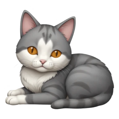 dark grey and white small cat with eyes closed, leaning his head on his paw while leaning on his elbow lying down sticker