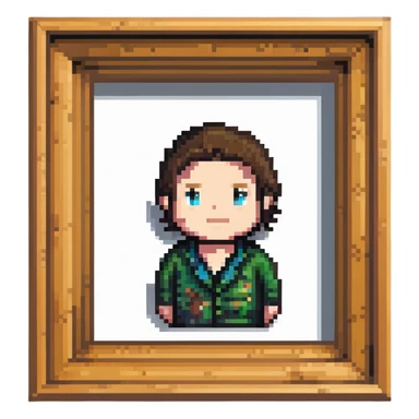 A pixelated portrait of a man in a wooden picture frame sticker