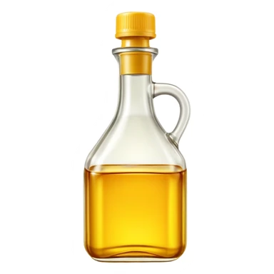 frying oil bottle, clear transparent, golden yellow liquid, simple clean design, curved or rectangular, visible green or yellow cap, no branding, no label, fluid glossy oil, warm amber tint, no pan food or extra, no faces, clean 3D, soft shadows, transparent background, emoji scale sticker
