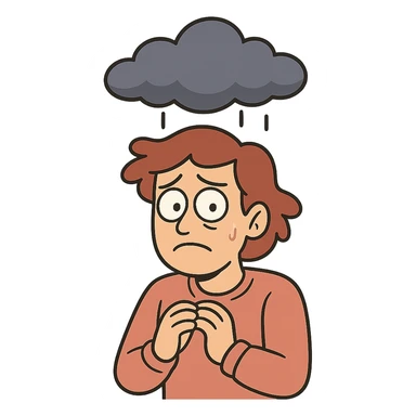 a person with a cloud over their head, looking anxious, cartoon style sticker