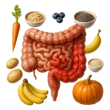 intestino umano anatomico infiammato con carota, bowl di avena, mirtilli, bowl di semi di chia, patate, banane, zucca, bowl di riso che gli fluttuano dietro, iperrealistico 4k sticker