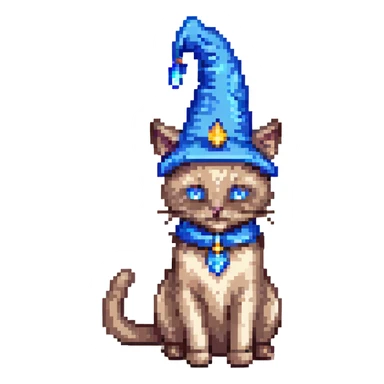 A pixel art image of a Siamese cat wizard with a blue hat. sticker