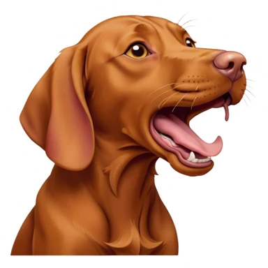 Cinematic Cute Yawning Vizsla Portrait Emoji, Head tilted slightly with a dramatic, wide-open yawn, showcasing a smooth rust and gold Fur with a subtle shimmer, floppy ears slightly drooping, round amber eyes barely open in drowsy contentment, Simplified yet irresistibly adorable features, highly detailed, glowing with a soft, cozy glow, high shine, relaxed yet expressive, stylized with a touch of whimsy, bright and endearing, soft glowing outline, capturing the essence of a sleepy yet affectionate companion, so drowsy it feels like it could stretch out of the screen and curl up for a nap! sticker
