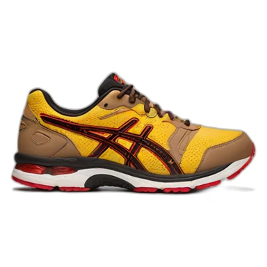 light brown asics gel nyc with small yellow and red accents sticker