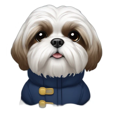 White and brown Shih tzu in navy blue puffer coat sticker