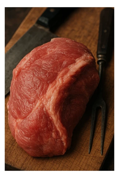 Macro fotografia di carne di maiale cruda, con dettagli che ricordano la consistenza e il colore della carne umana, posata su un tagliere di legno accanto a strumenti da cucina. Atmosfera realistica e leggermente inquietante. sticker