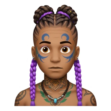 big lose braids starting from the top of the head man with mustache face wiith big visible braids and lots and lots of colored face tattoos colored tattoos like a tattoo artist hair unique color sticker