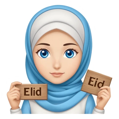 Turkish beautiful finish Konya girl blue eyes with cloudy hijab dress islamic dress and had on her hand text Eid Mubarak  sticker