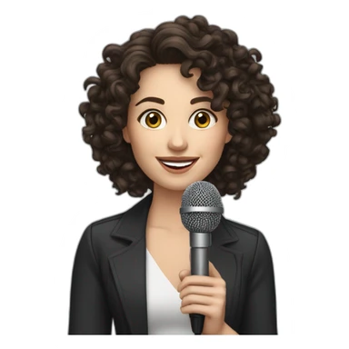 podcast host brunette curly white woman with microphone sticker